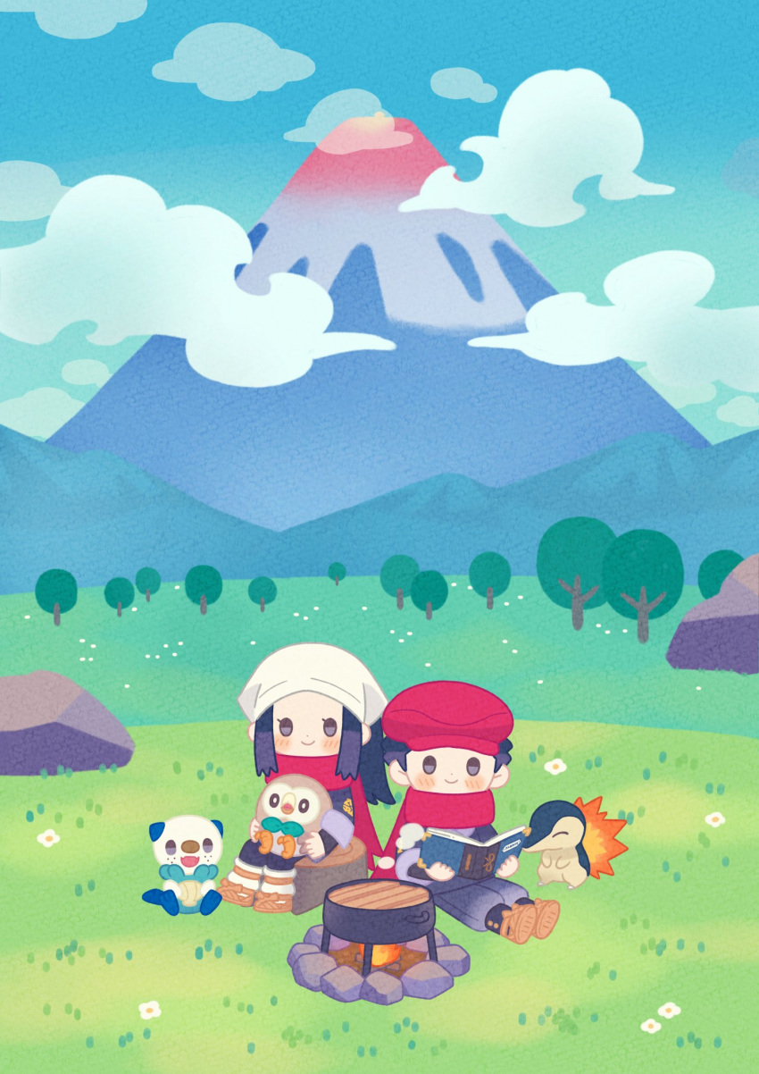 1boy, 1girl, akari_(pokemon), book, campfire, chibi, chibi_only, closed_mouth, clouds, cooking_pot, cyndaquil, hat, head_scarf, highres, holding, holding_book, mountain, on_grass, oshawott, outdoors, pokemon, pokemon_legends:_arceus, red_hat, red_scarf, rei_(pokemon), rock, rowlet, sandals, scarf, sitting, smile, solid_oval_eyes, sunakuraiori, tree, white_scarf