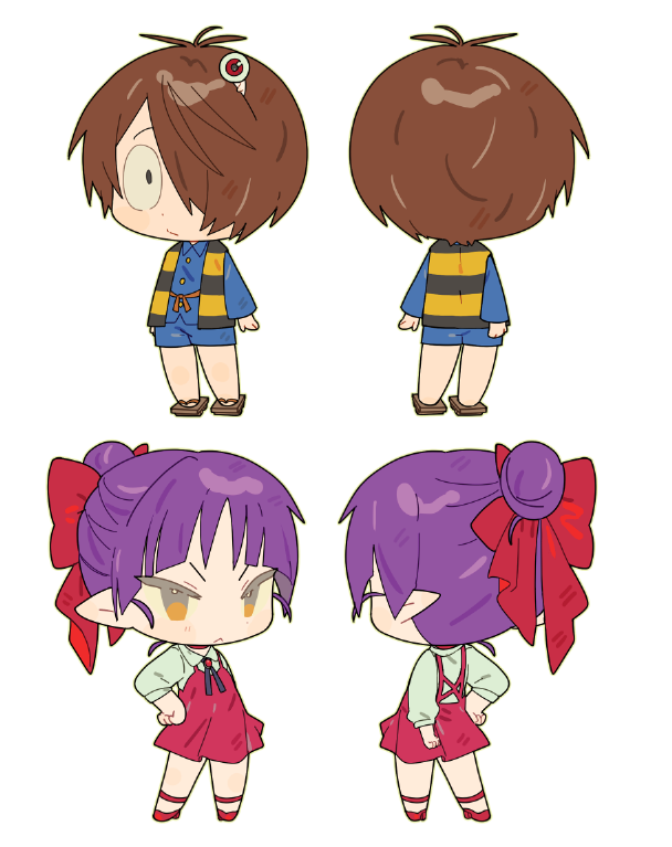 1boy, 1girl, black_eyes, blue_shirt, blue_shorts, bow, brown_hair, dress, full_body, gegege_no_kitarou, geta, hair_bow, hair_bun, hair_over_one_eye, kitarou, looking_at_viewer, multiple_views, nekomusume, nekomusume_(gegege_no_kitarou_6), nyaten, pink_dress, pointy_ears, purple_hair, red_bow, shirt, shorts, simple_background, striped_clothes, striped_vest, vest, white_background, white_shirt, yellow_eyes