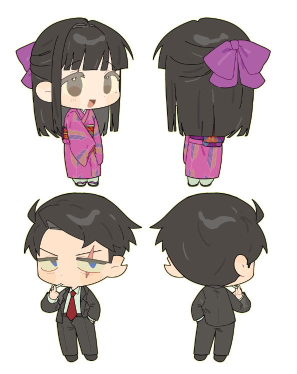 1boy, 1girl, black_footwear, black_hair, black_jacket, black_pants, bow, brown_eyes, brown_hair, chibi, cigarette, full_body, gegege_no_kitarou, hair_bow, holding, holding_cigarette, jacket, japanese_clothes, kimono, long_hair, mizuki_(gegege_no_kitarou), multiple_views, notched_ear, nyaten, okobo, pants, purple_bow, purple_kimono, ryuuga_sayo, sandals, scar, scar_across_eye, shoes, sidelocks, simple_background, smoking, standing, white_background