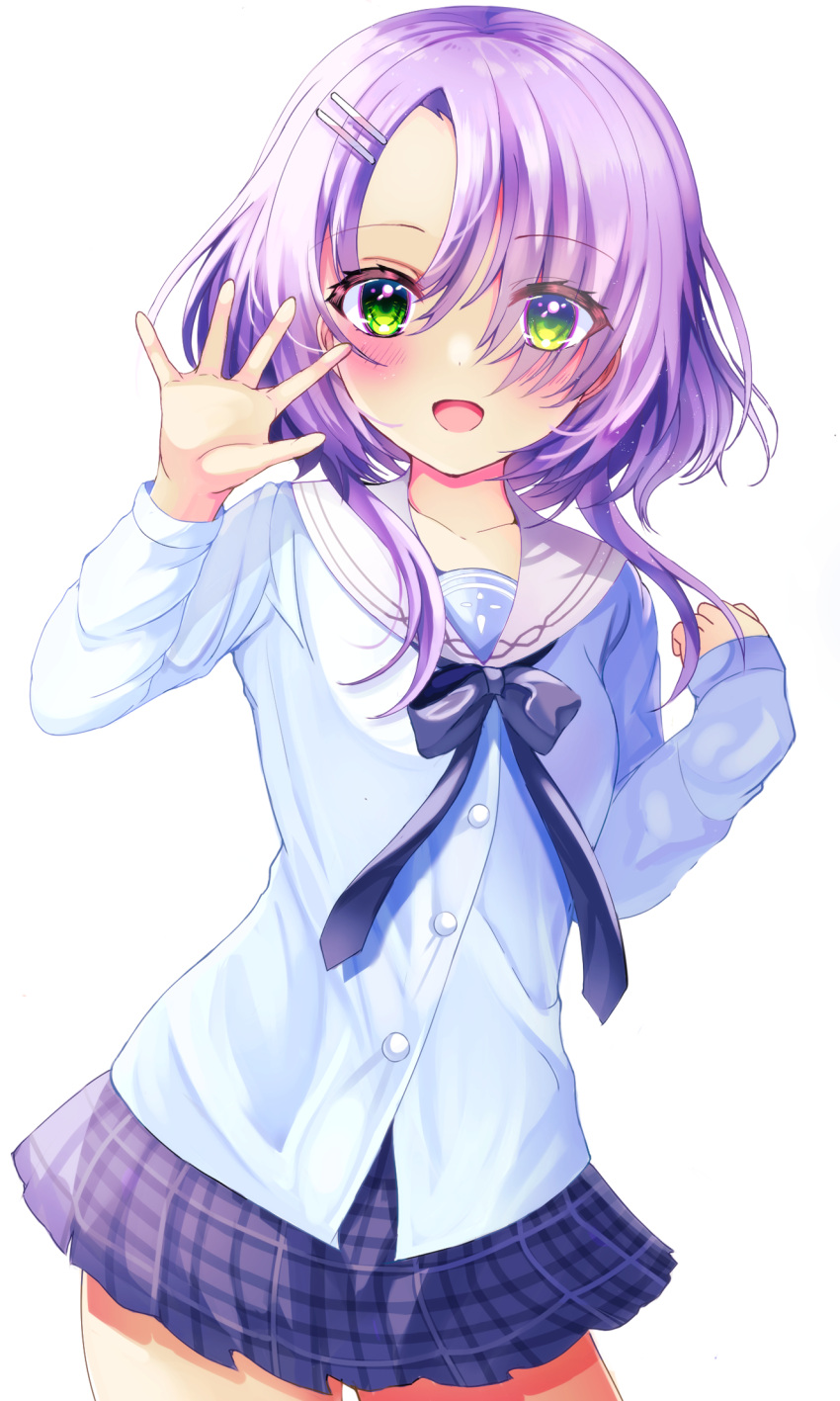 1girl, :d, black_ribbon, black_skirt, blue_shirt, blush, cafe_stella_to_shinigami_no_chou, commentary_request, commission, cowboy_shot, dark-skinned_female, dark_skin, eyelashes, eyes_visible_through_hair, green_eyes, hair_ornament, hair_over_one_eye, hairclip, hands_up, happy, highres, hiuchidani_mei, looking_at_viewer, miniskirt, open_mouth, outstretched_hand, plaid, plaid_skirt, pleated_skirt, purple_hair, ribbon, sailor_collar, school_uniform, serafuku, shione_shiose, shirt, short_hair_with_long_locks, simple_background, skeb_commission, skirt, sleeves_past_wrists, smile, solo, waving, white_background, white_sailor_collar