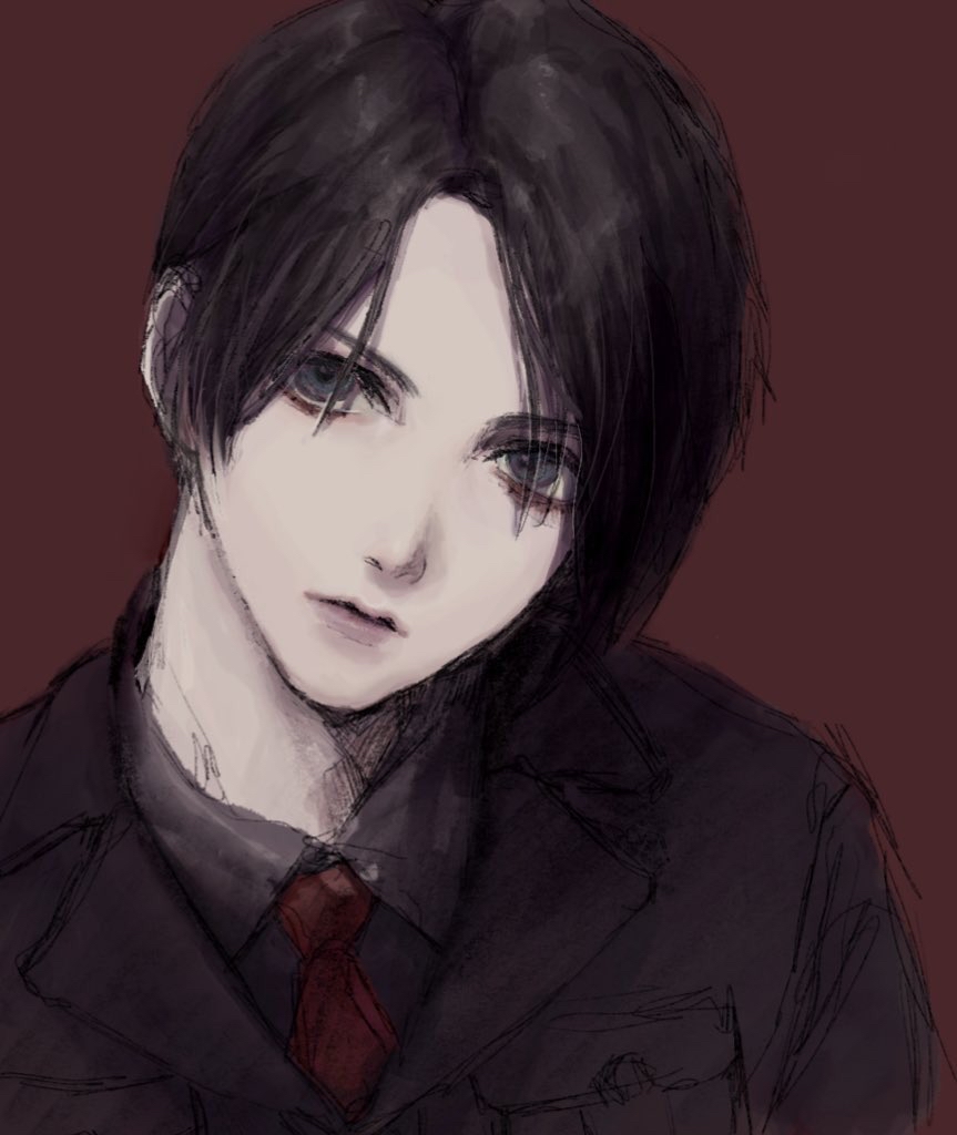 1boy, black_eyes, black_hair, black_jacket, brown_background, character_request, closed_mouth, collared_jacket