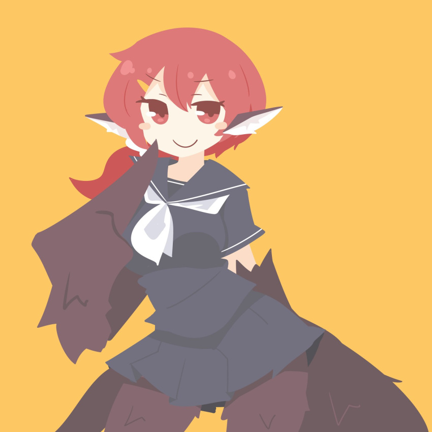 1girl, animal_ears, big_o_pants, bird_ears, bird_legs, black_feathers, black_serafuku, black_wings, blush_stickers, feathers, fio-chan_(big_o_pants), harpy, highres, long_hair, looking_at_viewer, monster_girl, original, pleated_skirt, ponytail, red_eyes, redhead, school_uniform, serafuku, simple_background, skirt, smile, solo, winged_arms, wings, yellow_background