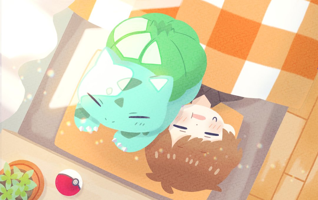 1boy, blush, brown_hair, bulbasaur, claws, closed_eyes, curtains, lying