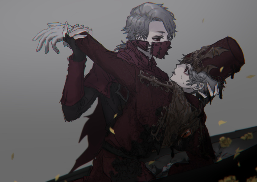 2boys, aesop_carl, aesop_carl_(exorcist), arm_grab, falling_petals, fingerless_gloves, gloves, grey_background