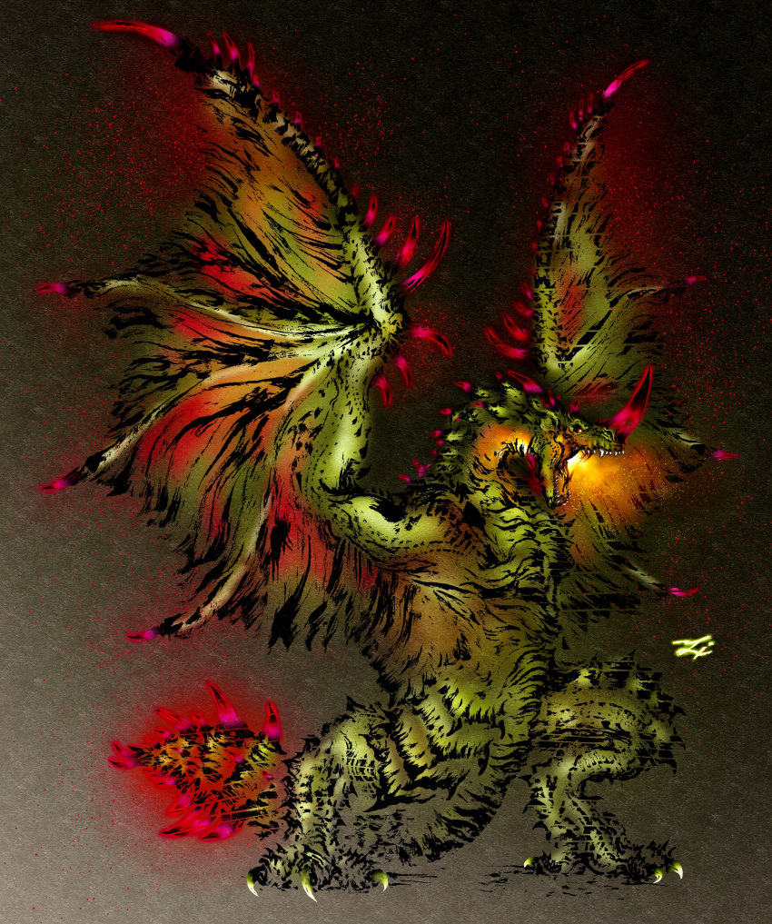 absurdres, breath_weapon, breathing_fire, claws, deadpool_yuchan, dragon, dragon_horns, dragon_wings