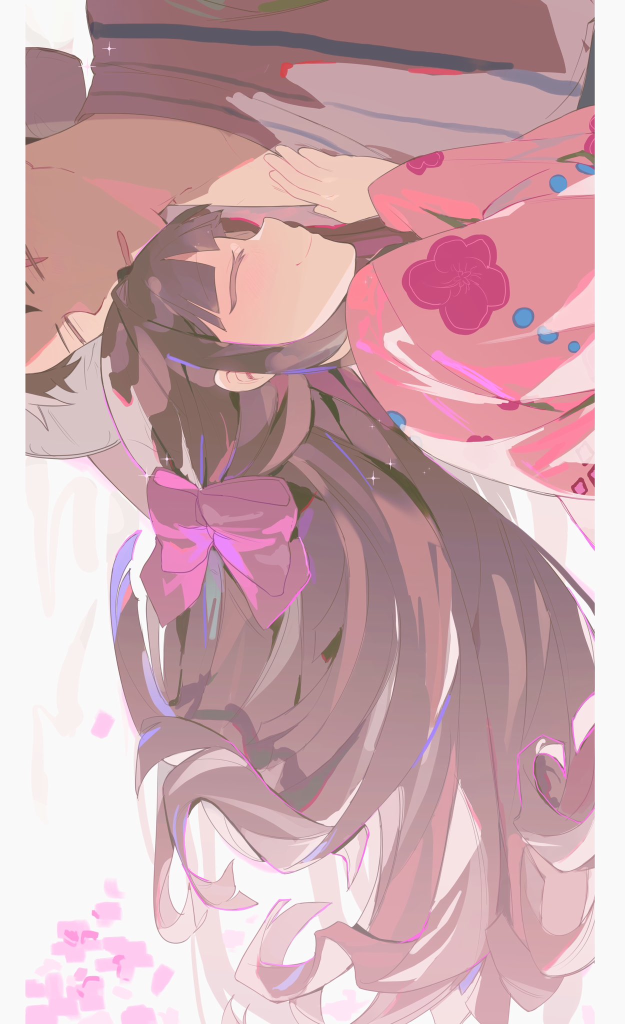 1boy, 1girl, bow, brown_hair, closed_eyes, closed_mouth, gegege_no_kitarou, hair_bow