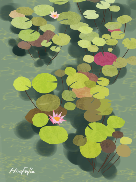 floating, hirofujie, lily_pad, no_humans, original, plant, pond, shadow, signature, water, water_lily_flower
