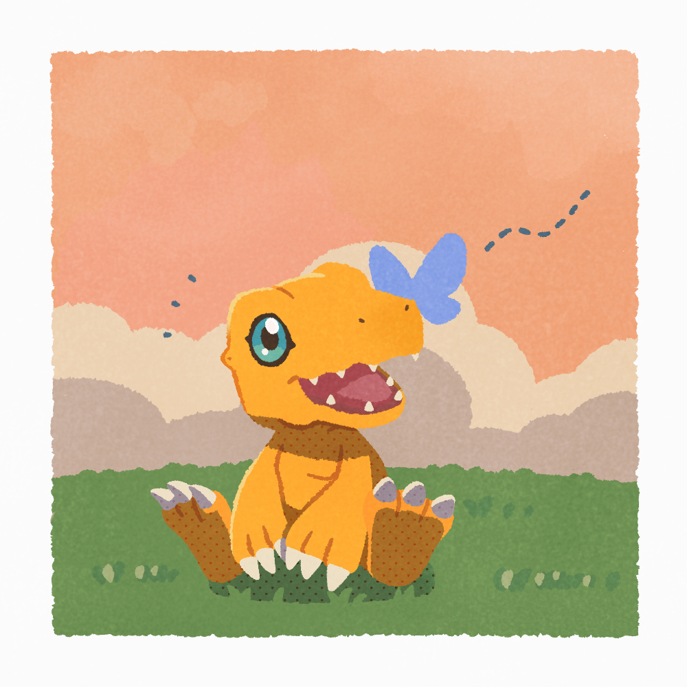 agumon, animal_focus, blue_butterfly, blue_eyes, border, bug, butterfly, claws
