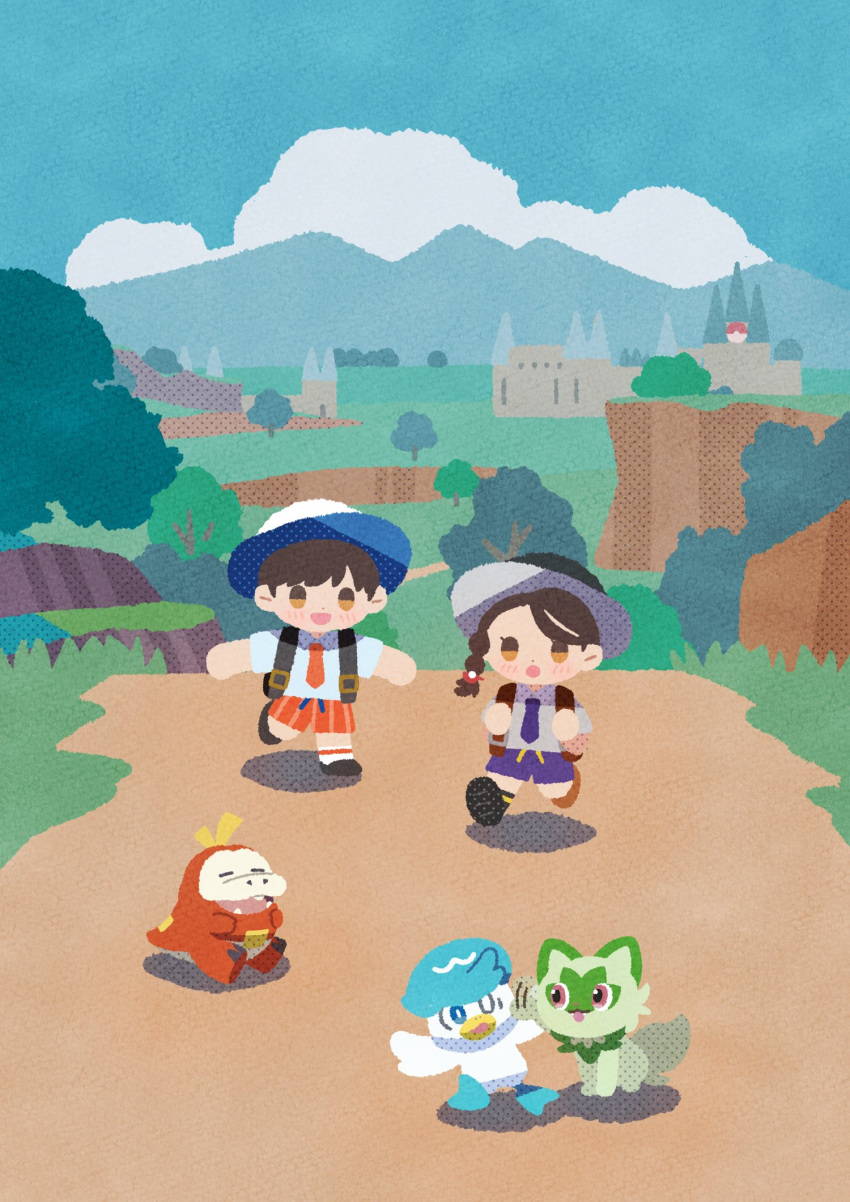 1boy, 1girl, backpack, bag, black_hat, braid, brown_eyes, brown_hair