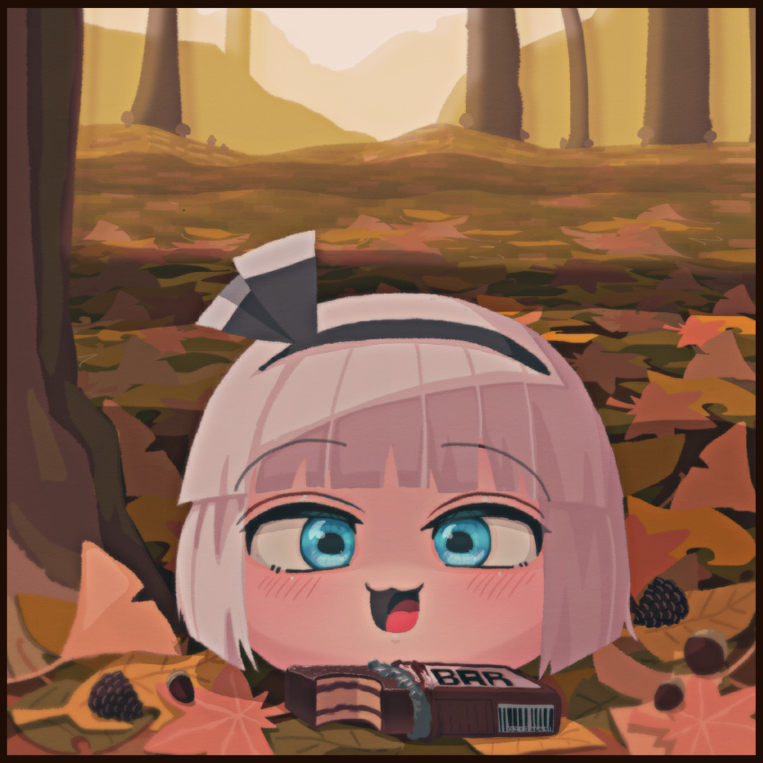 1girl, :3, acorn, autumn_leaves, black_bow, black_hairband, blue_eyes, blush
