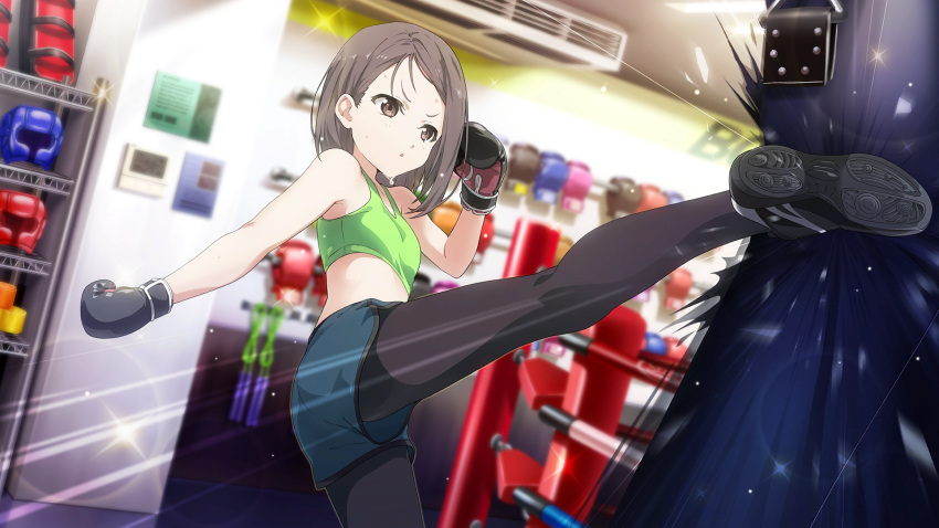 1girl, 22/7, 22/7_ongaku_no_jikan, air_conditioner, black_footwear, black_gloves, black_pantyhose, blurry, boxing, boxing_gloves, boxing_headgear, boxing_ring, boxing_shorts, depth_of_field, dutch_angle, game_cg, gloves, green_sports_bra, grey_eyes, grey_hair, gym, highres, hiiragi_tsubomi, indoors, kicking, lens_flare, light_particles, looking_at_object, medium_hair, non-web_source, official_art, pantyhose, punching_bag, shorts, single_sidelock, solo, sparkle, sports_bra, unworn_headgear
