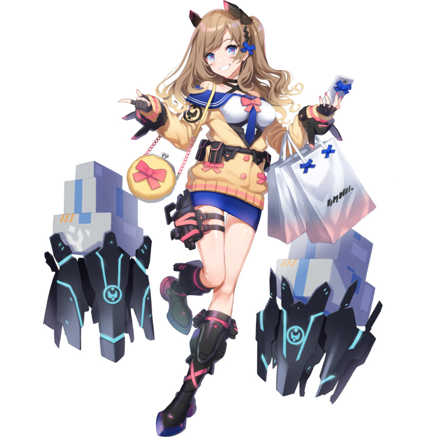 1girl, aqua_eyes, armored_boots, artist_request, bag, bare_shoulders, belt_pouch, black_choker, black_gloves, blue_bow, blue_necktie, blue_sailor_collar, blue_skirt, blush, boots, bow, box, breasts, buttons, cardigan, cellphone, chain, choker, collarbone, cross-laced_footwear, cross-laced_straps, final_gear, fingerless_gloves, fingernails, full_body, gloves, gun, hair_behind_ear, hair_bow, hair_ornament, handbag, highres, holding, holding_phone, horizontal-striped_cardigan, horizontal-striped_sleeve_cuffs, leg_up, light_brown_hair, logo_print, long_sleeves, looking_at_viewer, mary_(final_gear), medium_breasts, medium_hair, nail_polish, necktie, non-humanoid_robot, off-shoulder_shirt, off_shoulder, official_art, one_side_up, open_mouth, phone, pink_bow, pink_nails, pointing, pouch, red_pupils, robot, sailor_collar, shirt, shirt_bow, shopping_bag, side_ponytail, simple_background, skirt, smartphone, smile, solo, striped_collar, tachi-e, teeth, thigh_strap, third-party_source, transparent_background, two-tone_sleeve_cuffs, wavy_ends, weapon, weapon_request, yellow_bag, yellow_cardigan, yellow_sleeves