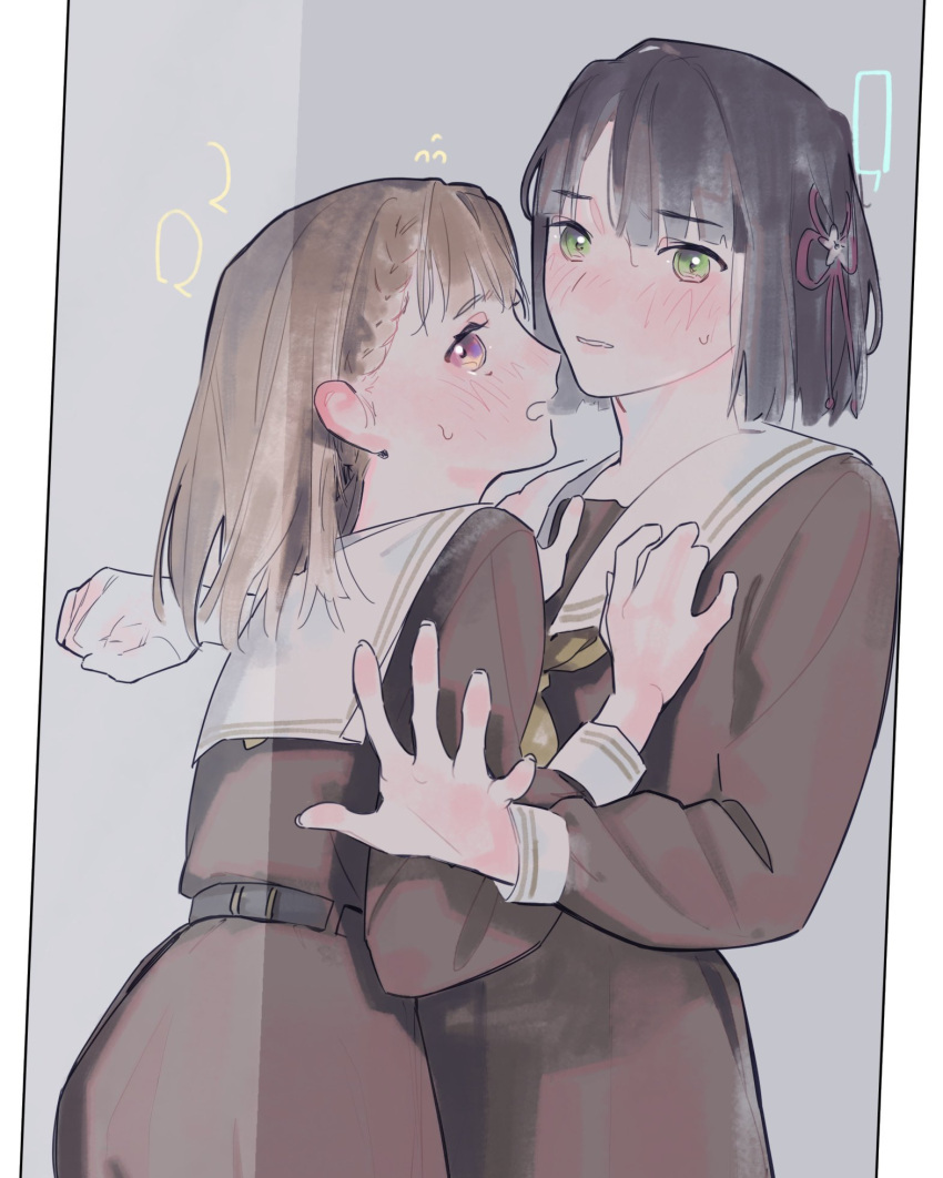 2girls, black_hair, blank_speech_bubble, blunt_bangs, blunt_ends, blush, braid, brown_dress