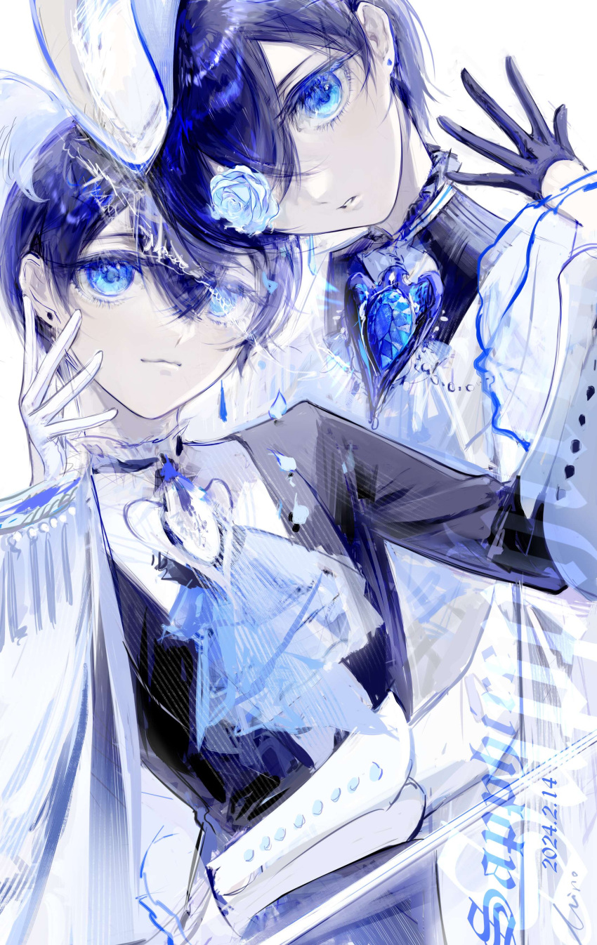 2boys, absurdres, ascot, blue_eyes, blue_hair, brooch, brothers, ciel_phantomhive