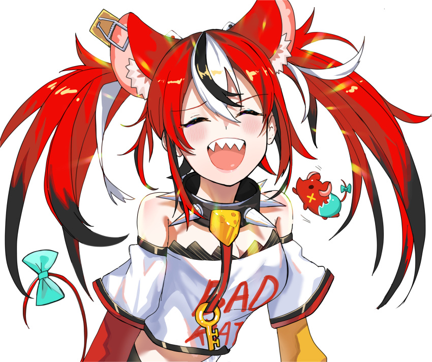 1girl, animal_ear_fluff, animal_ears, aqua_bow, bow, cheese, closed_eyes, collar