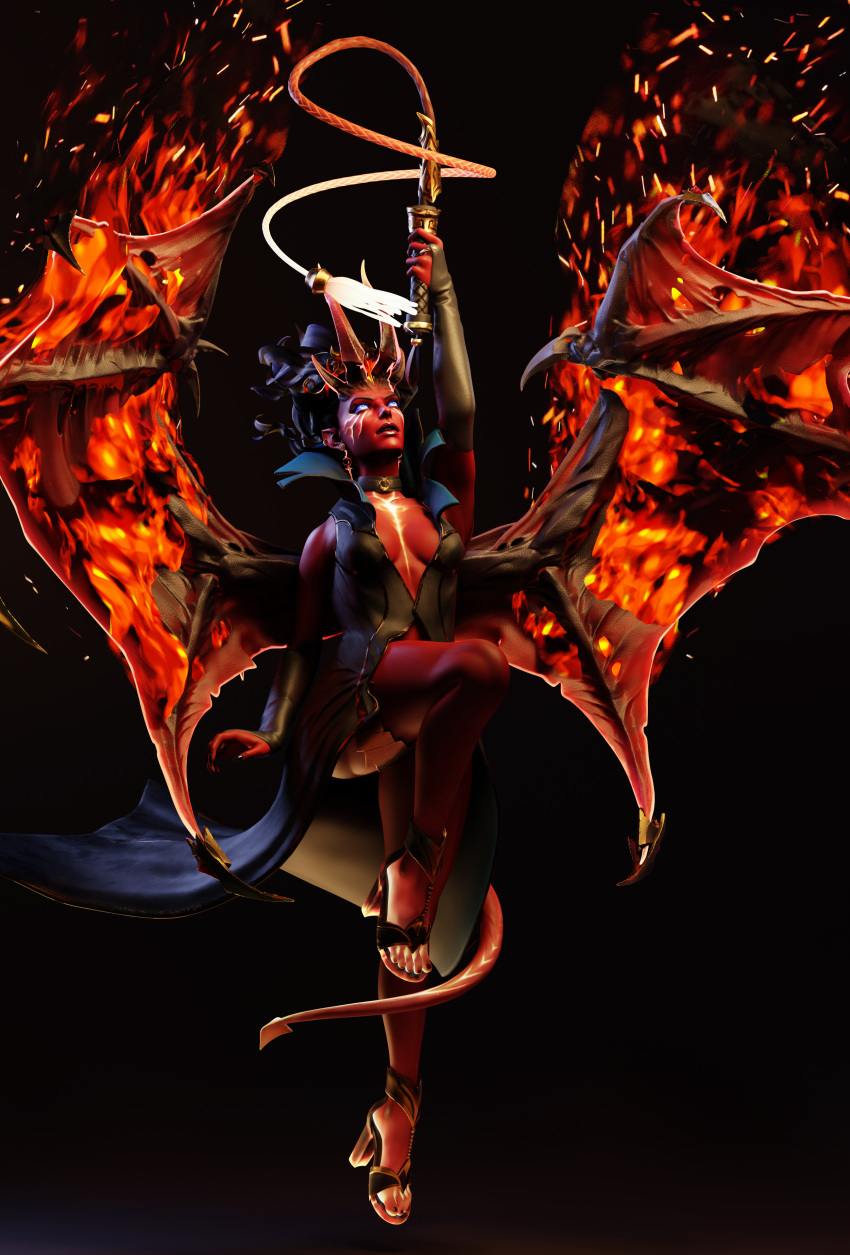 1girl, absurdres, armor, black_hair, blue_eyes, collar, colored_skin, demon_girl, demon_horns, demon_tail, demon_wings, dota_(series), dota_2, highres, horns, pointy_ears, queen_of_pain_(dota), simple_background, solo, tail, whip, wickedrobot, wings