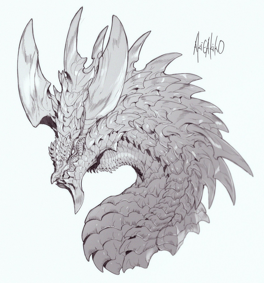 akie_(akidoygo), animal_focus, artist_name, cropped_torso, dragon, from_side, greyscale, highres, horns, monochrome, monster, no_humans, original, portrait, profile, scales, signature, simple_background, solo, white_background