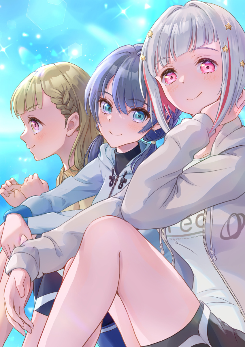 3girls, absurdres, arms_on_knees, black_bodysuit, black_shorts, blue_background, blue_eyes, blue_hair
