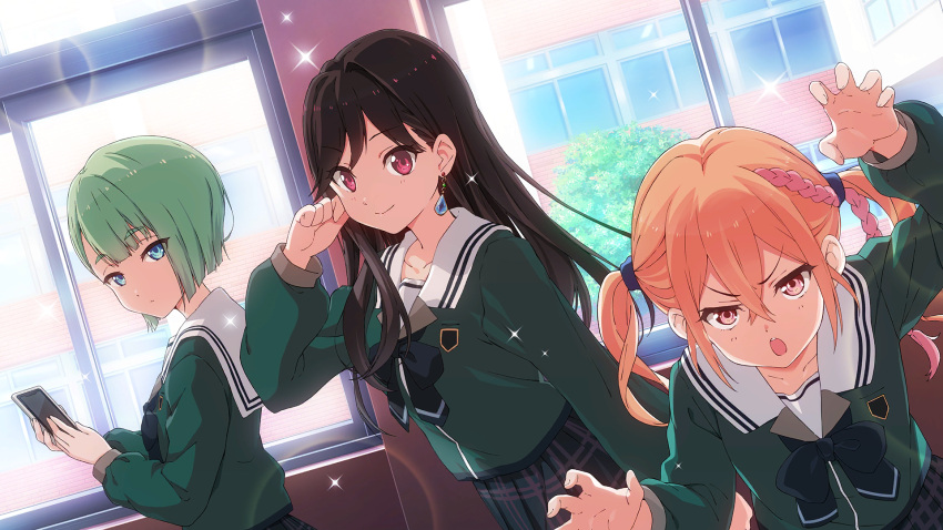 22/7, 22/7_ongaku_no_jikan, 3girls, black_hair, black_skirt, blue_eyes, blue_scrunchie, bow