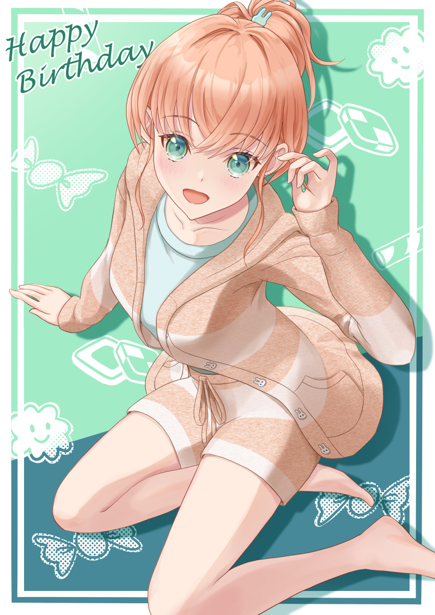1girl, :d, absurdres, aqua_eyes, barefoot, blue_shirt, blush, border