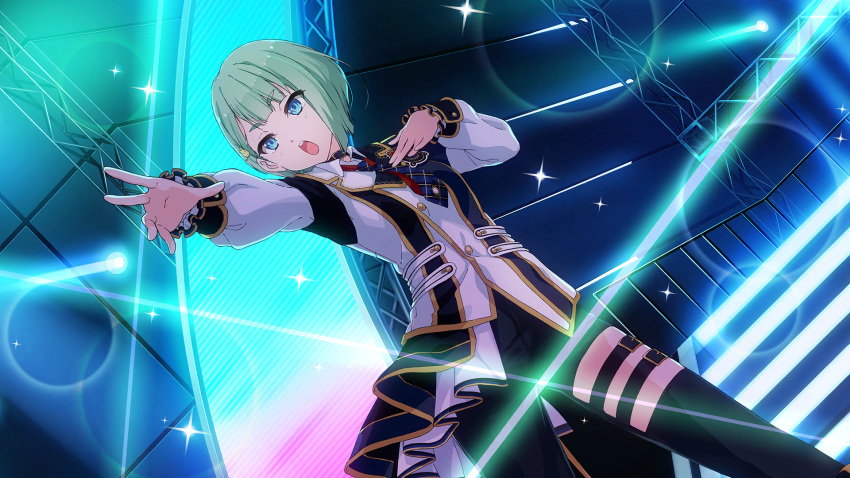 1girl, 22/7, 22/7_ongaku_no_jikan, asymmetrical_legwear, blue_eyes, center-flap_bangs, concert, dress