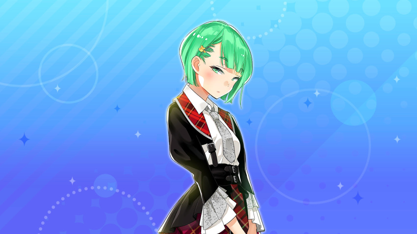 1girl, 22/7, 22/7_ongaku_no_jikan, blue_background, center-flap_bangs, game_cg, green_eyes, green_hair