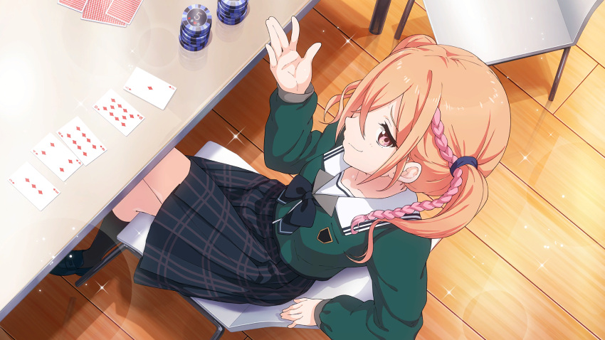 22/7, 22/7_ongaku_no_jikan, black_skirt, black_socks, blue_scrunchie, bow, bowtie, braid
