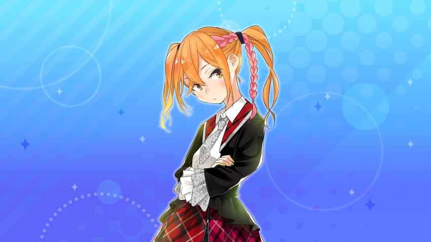1girl, 22/7, 22/7_ongaku_no_jikan, black_scrunchie, blue_background, braid, brown_eyes, collared_shirt