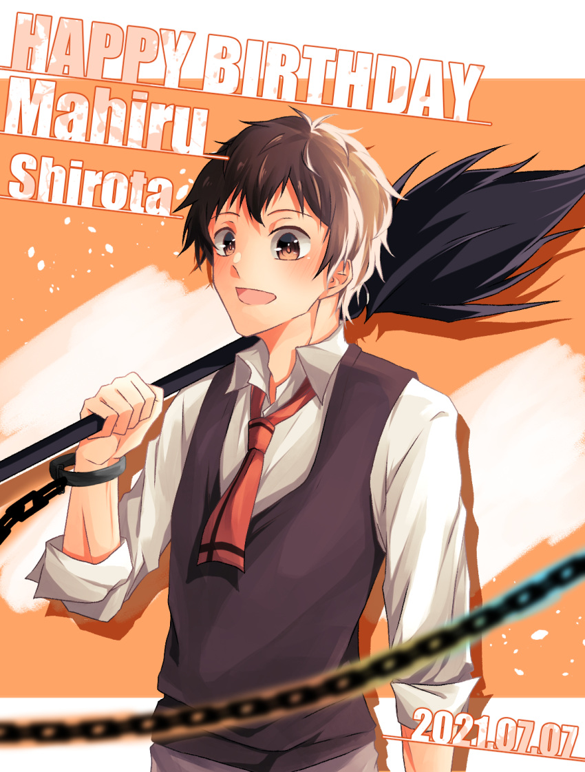 1boy, brown_eyes, brown_hair, happy, happy_birthday, highres, male_focus, open_mouth