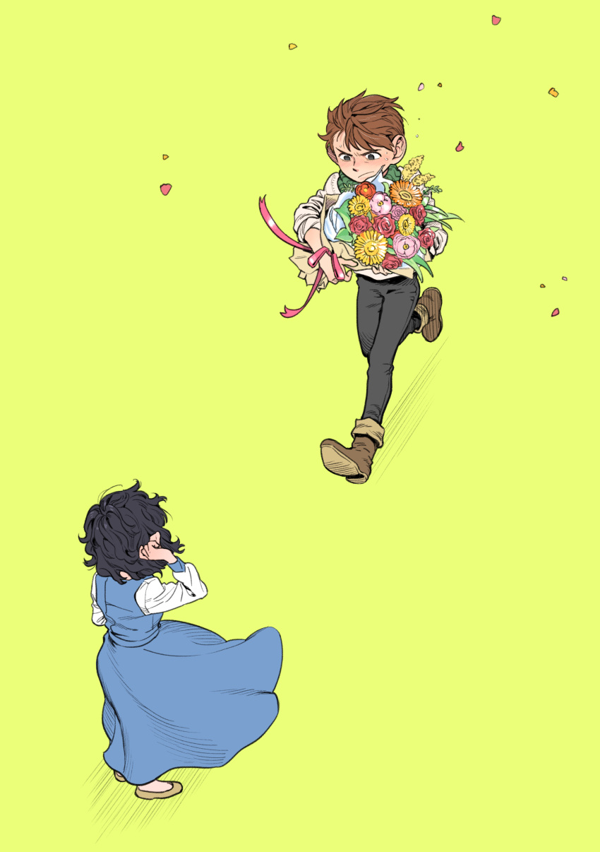1boy, 1girl, absurdres, black_hair, blue_dress, boots, bouquet, brown_hair