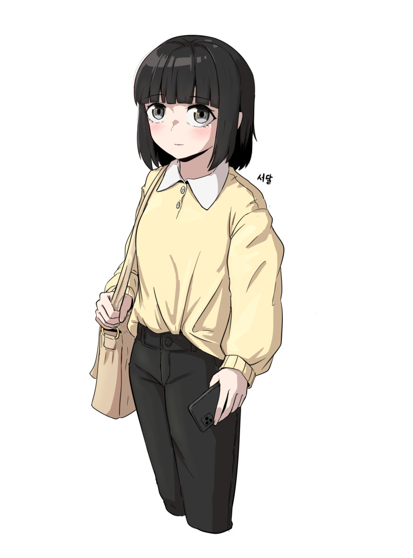 1girl, bag, black_hair, black_pants, blunt_bangs, grey_eyes, handbag, highres, holding, holding_phone, long_sleeves, looking_at_viewer, medium_hair, original, pabenia, pants, phone, shirt, simple_background, solo, standing, white_background, yellow_shirt