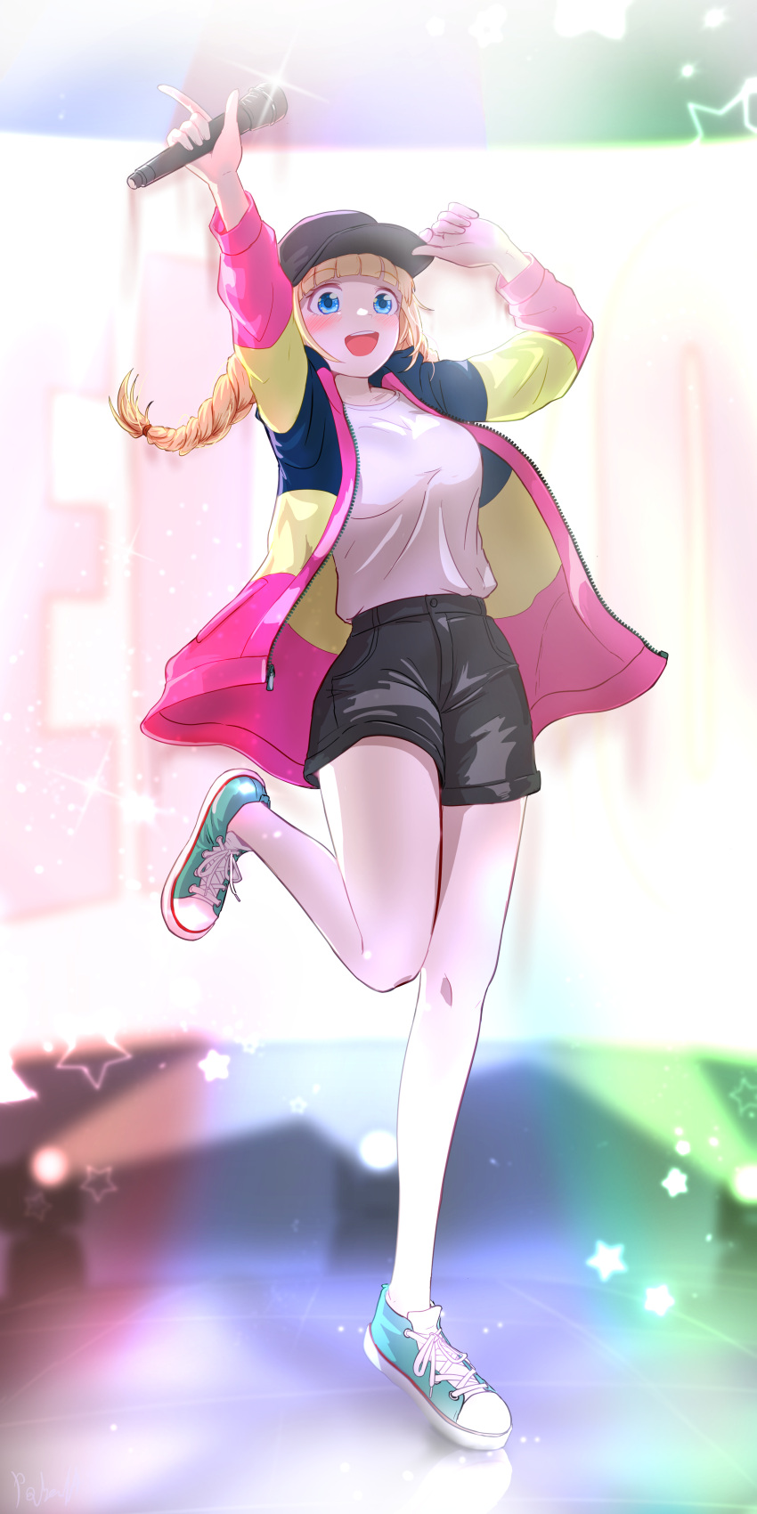 1girl, :d, absurdres, aqua_footwear, arm_up, arms_up, black_hat, black_shorts