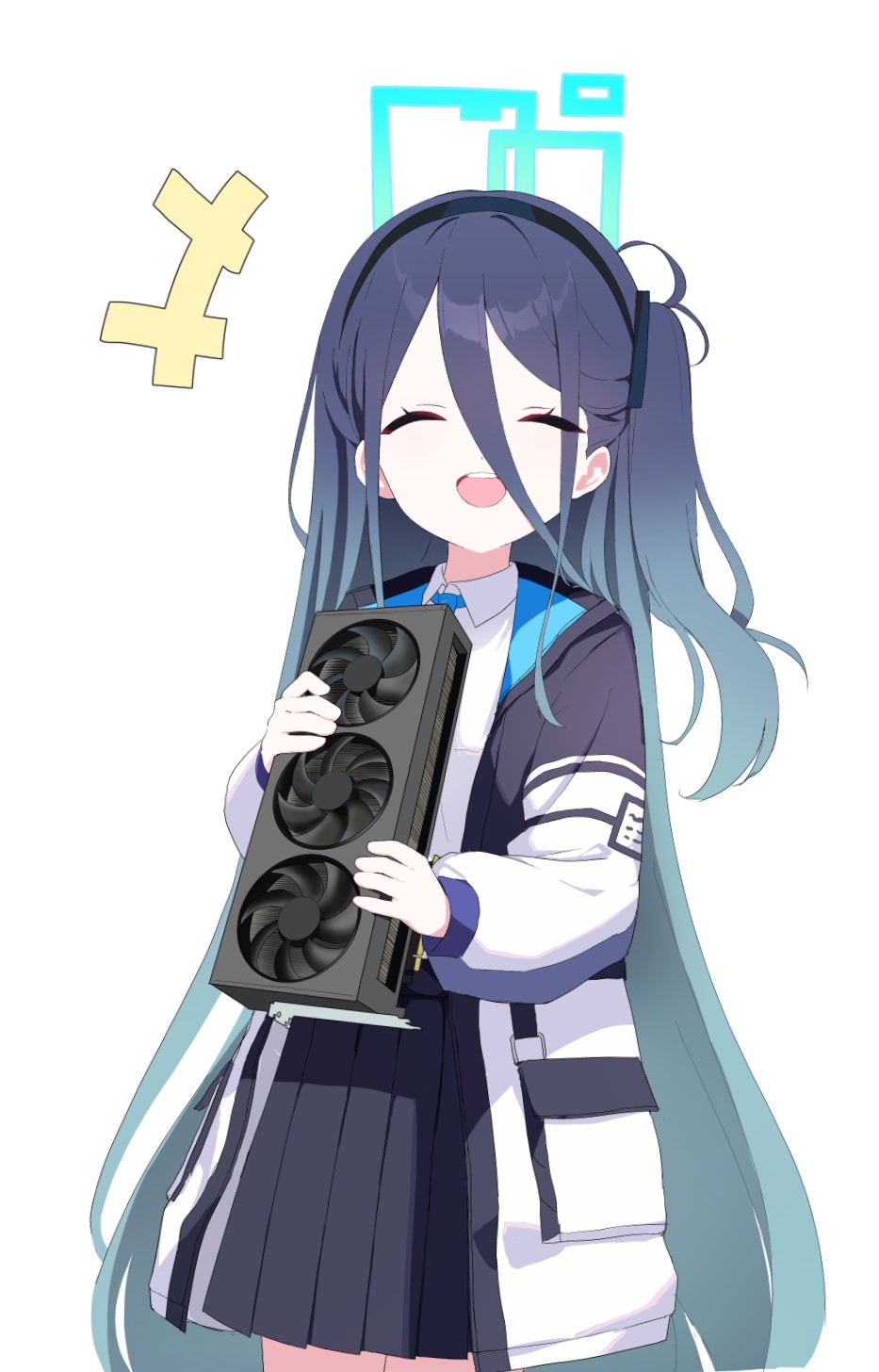 +++, 1girl, absurdly_long_hair, aris_(blue_archive), black_hair, black_hairband, black_skirt, blue_archive