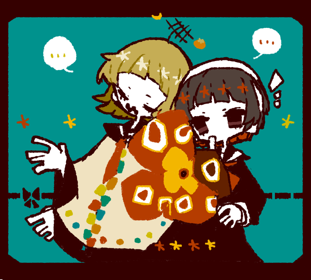 ..., 2girls, \||/, aru_choumiryou, black_border, black_eyes, black_hair, black_serafuku, black_shirt, black_skirt, blue_background, blunt_bangs, border, brown_hair, brown_poncho, closed_eyes, closed_mouth, commentary_request, crescent, dotted_line, expressionless, floating_headgear, flower, food, fruit, hand_up, headgear, headphones, heads_together, long_sleeves, mandarin_orange, mouth_hold, multiple_girls, neckerchief, necktie, nene_nene, nizimine_kakoi, radio_antenna, red_flower, red_neckerchief, red_necktie, school_uniform, serafuku, shirt, short_hair, side-by-side, simple_background, skirt, spoken_ellipsis, star_(symbol), utau, zipper