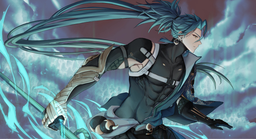 1boy, belt, black_belt, black_gloves, black_shirt, commentary, earrings, english_commentary