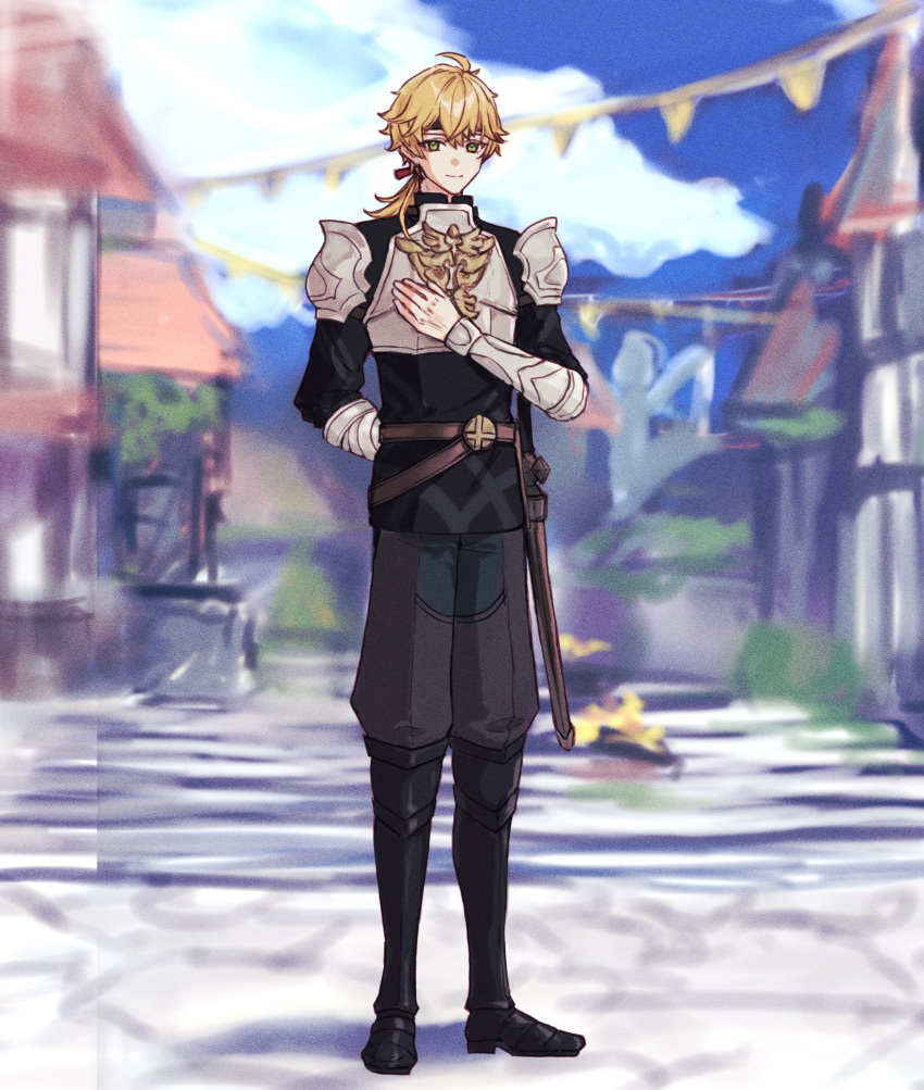 1boy, ahoge, arm_behind_back, armor, armored_boots, belt, black_footwear, black_headband