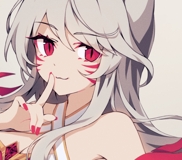1girl, ahri_(league_of_legends), closed_mouth, facial_mark, finger_to_mouth, fingernails, fuiyu_(feuille0818), grey_background, hair_between_eyes, immortalized_legend_ahri, league_of_legends, long_hair, looking_at_viewer, nail_polish, official_alternate_costume, official_alternate_hairstyle, portrait, red_eyes, red_nails, sidelocks, simple_background, solo, whisker_markings, white_hair