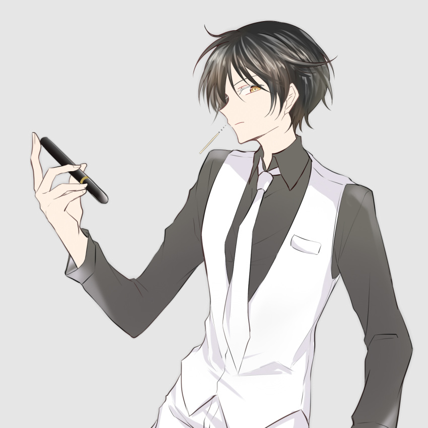 1boy, black_hair, earrings, formal, gear_(servamp), grey_background, highres, hitotaba727, holding, jewelry, male_focus, necktie, servamp, short_hair, yellow_eyes