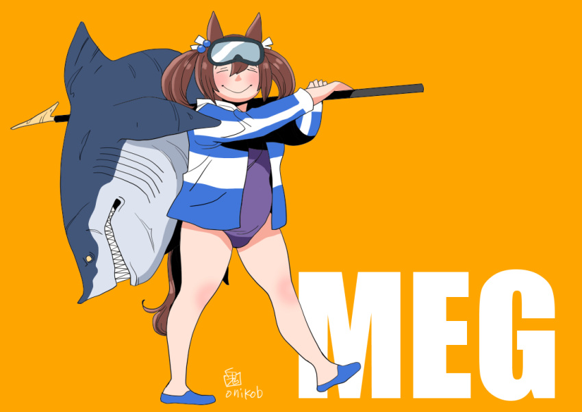1girl, animal_ears, artist_name, blue_footwear, blue_jacket, brown_hair, closed_eyes, commentary