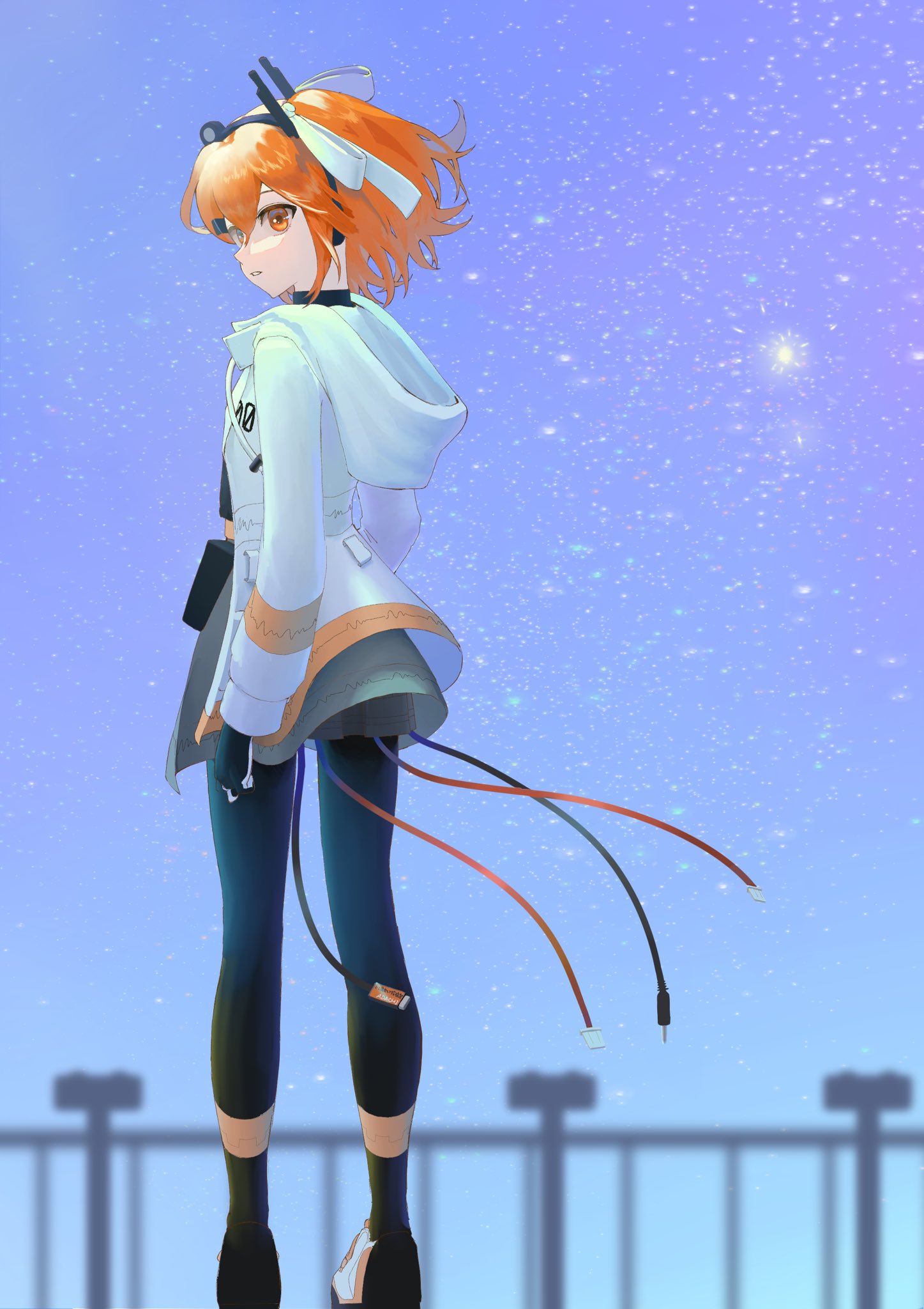 1girl, a.i._voice, adachi_rei, black_gloves, black_leggings, cable, drawstring, from_behind, full_body, gloves, grey_skirt, hair_ribbon, highres, hood, hood_down, hooded_jacket, jacket, kaimu_(adachi_rei), leggings, long_sleeves, looking_at_viewer, looking_back, medium_hair, miniskirt, one_side_up, open_clothes, open_jacket, orange_eyes, orange_hair, outdoors, parted_lips, pleated_skirt, radio_antenna, ribbon, shoes, skirt, solo, standing, utau, white_jacket, white_ribbon, wind