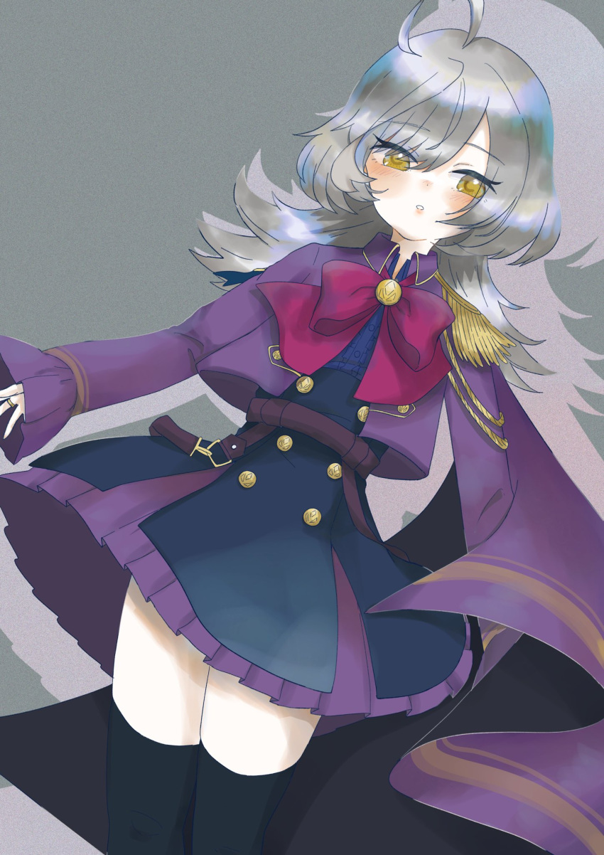 1girl, ahoge, assault_lily, belt, black_cape, black_thighhighs, blue_shirt, blue_skirt