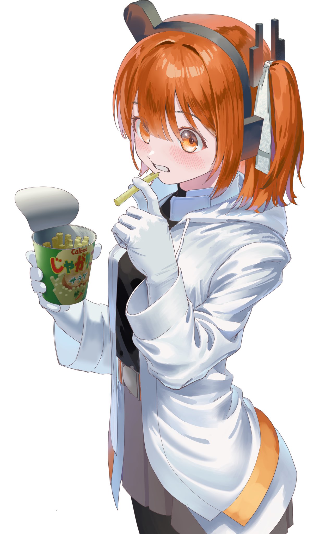 1girl, a.i._voice, adachi_rei, belt_buckle, blush, buckle, calbee_(potato_chips), cowboy_shot