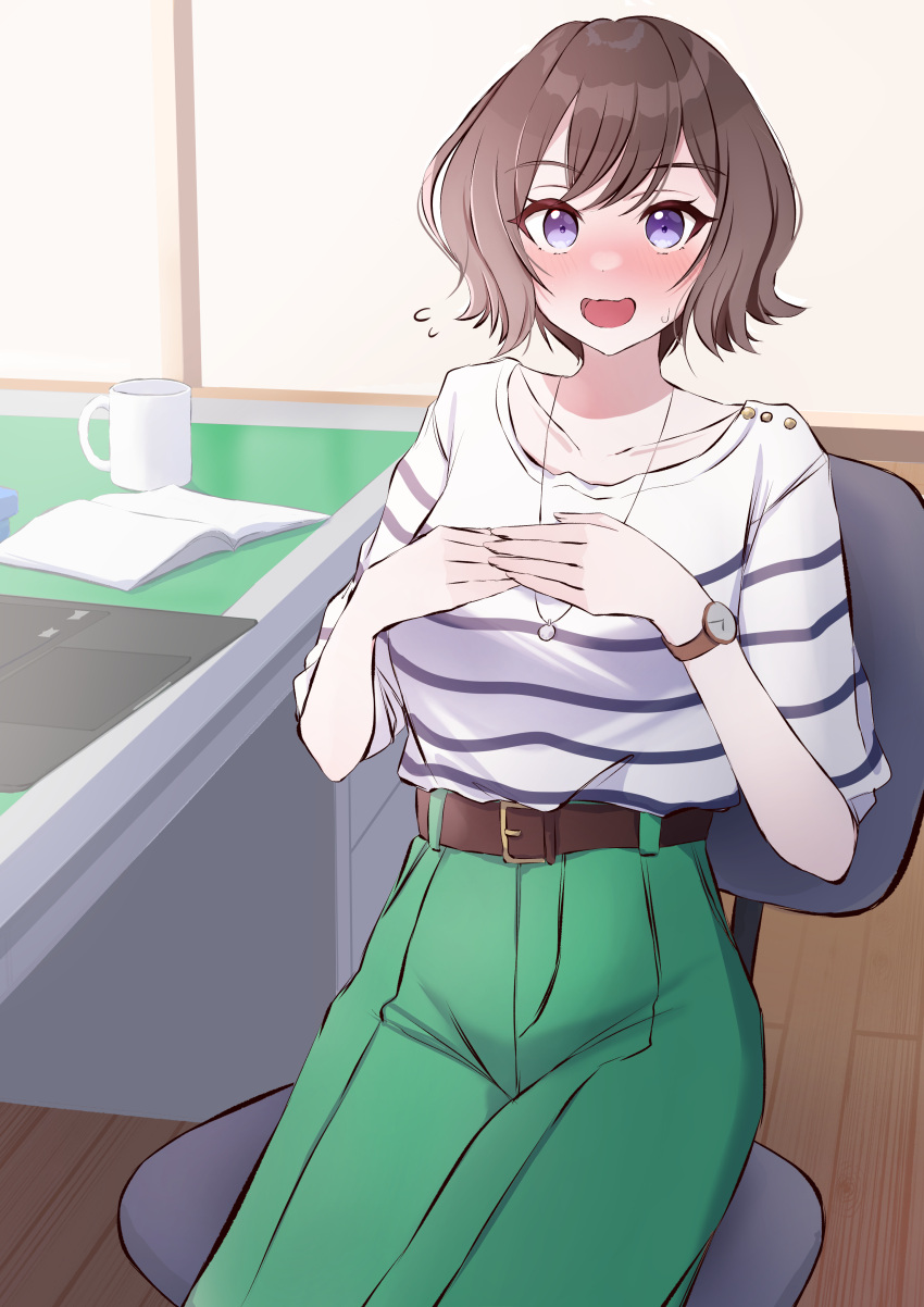 1girl, :o, absurdres, belt_buckle, blush, brown_hair, buckle, commentary_request