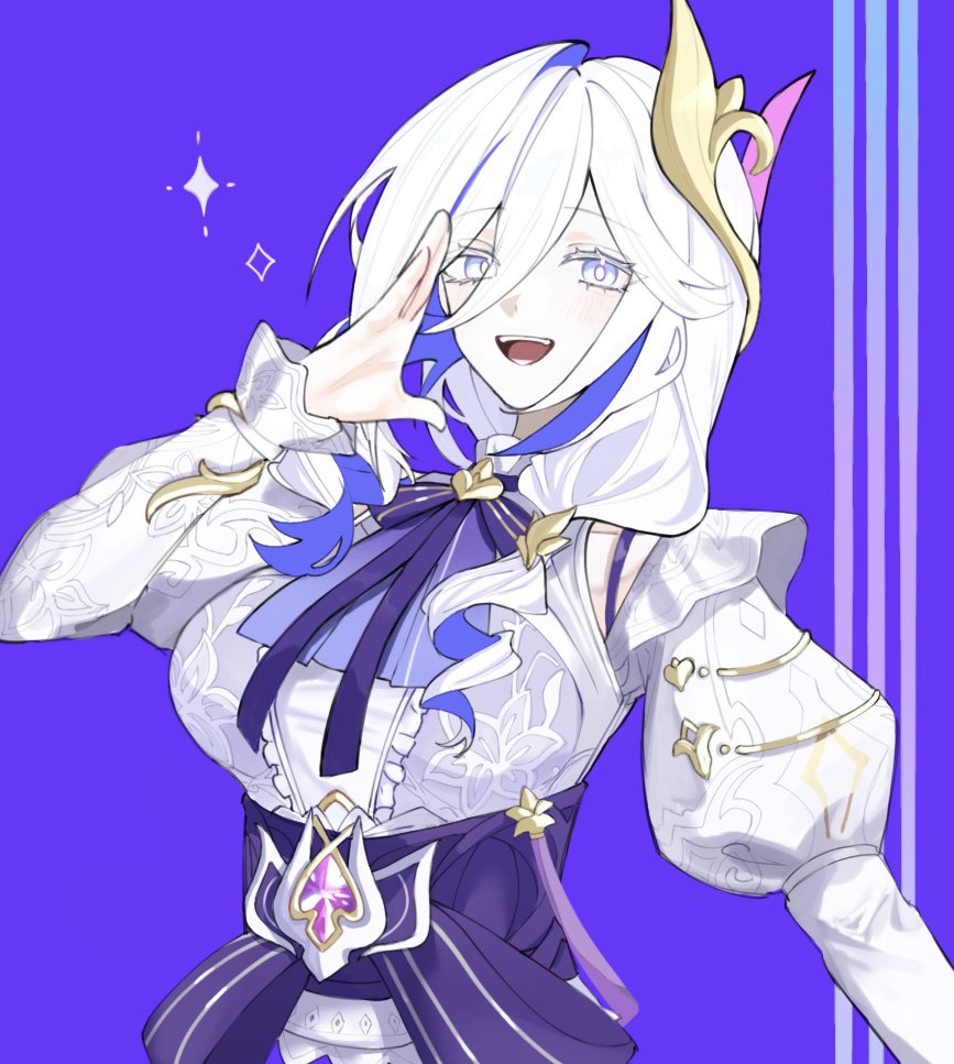 1girl, :d, ascot, blue_eyes, breasts, bright_pupils, brooch, center_frills