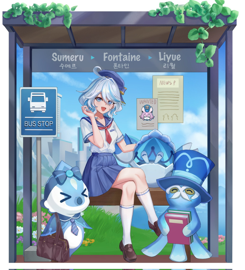 1girl, bench, blathine_(genshin_impact), blue_eyes, blue_hair, breasts, bus_stop, bus_stop_sign