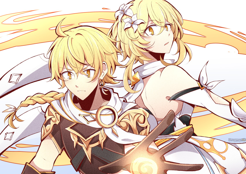 1boy, 1girl, absurdres, aether_(genshin_impact), ahoge, arm_armor, arm_up, armor