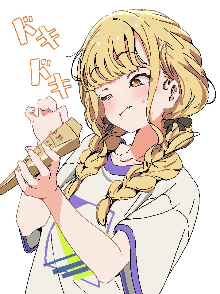 1girl, blonde_hair, blush, braid, collarbone, commentary_request, envelope, fang
