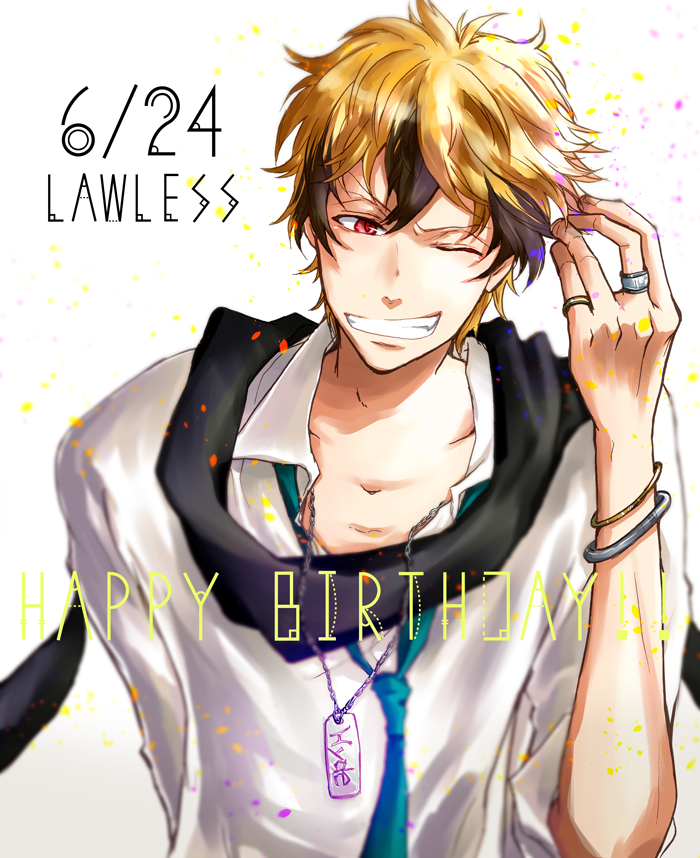 1boy, black_hair, bracelet, happy_birthday, jewelry, lawless_(servamp), male_focus, one_eye_closed