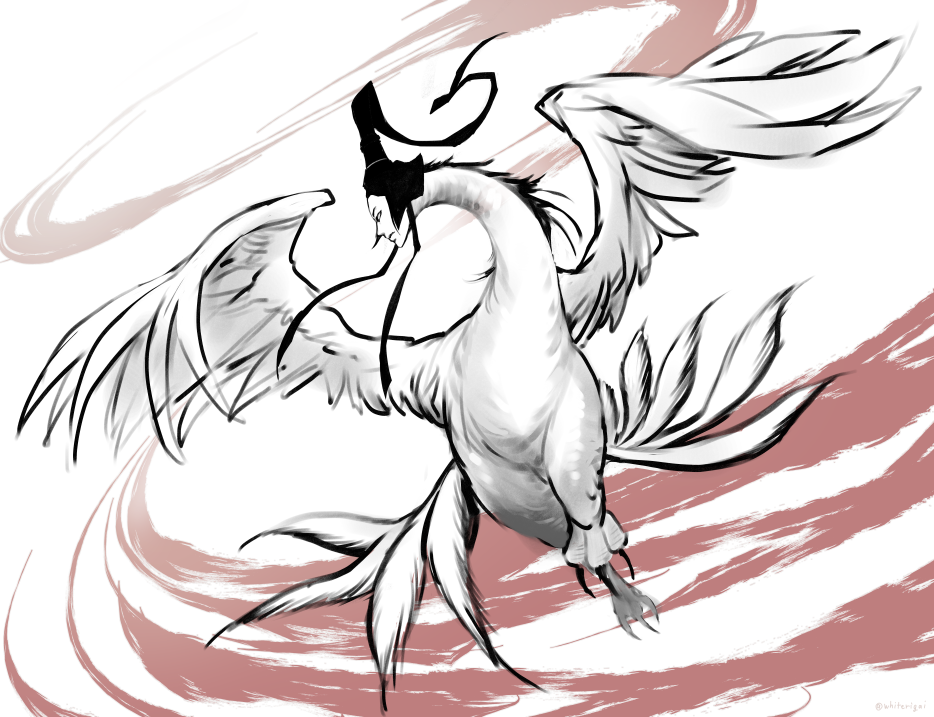 1boy, 2018_winter_olympics, bird_boy, closed_mouth, commentary_request, feathered_wings, feathers, flying, full_body, greyscale_with_colored_background, human_head, inmyeonjo, korean_traditional_hat, looking_to_the_side, male_focus, monster_boy, olympics, rigai_mayu, talons, white_feathers, wings