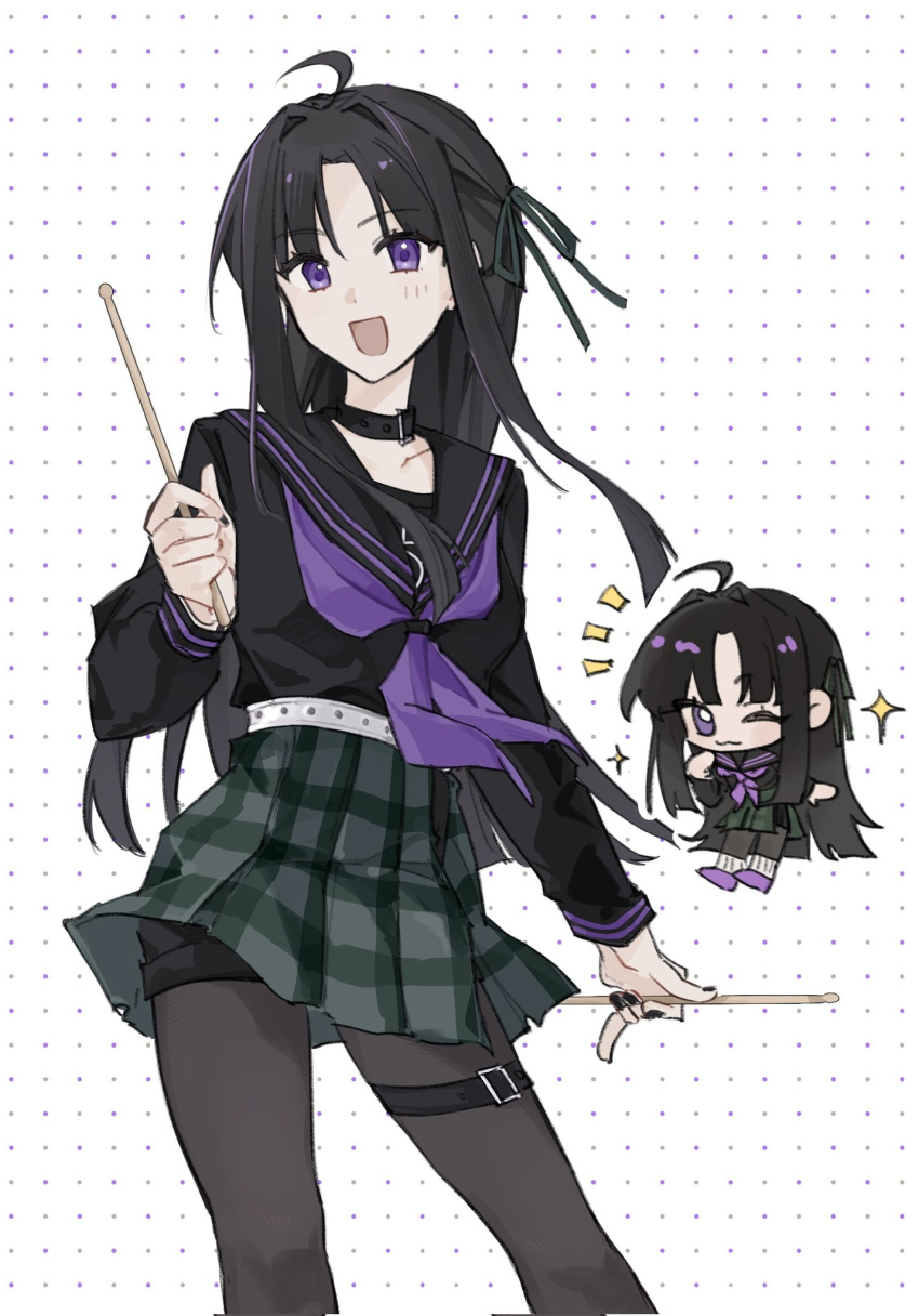 1girl, awa_subaru, black_choker, black_hair, black_nails, black_pantyhose, black_sailor_collar, black_shirt